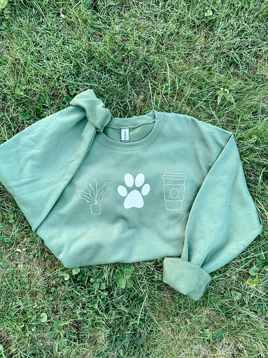 "Plants. Coffee. Dogs." Sweatshirt