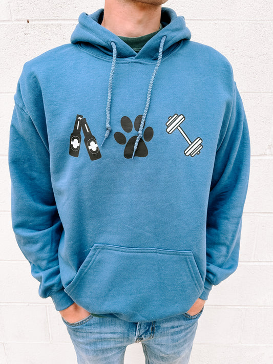 "Brews. Dogs. Gym." Sweatshirt